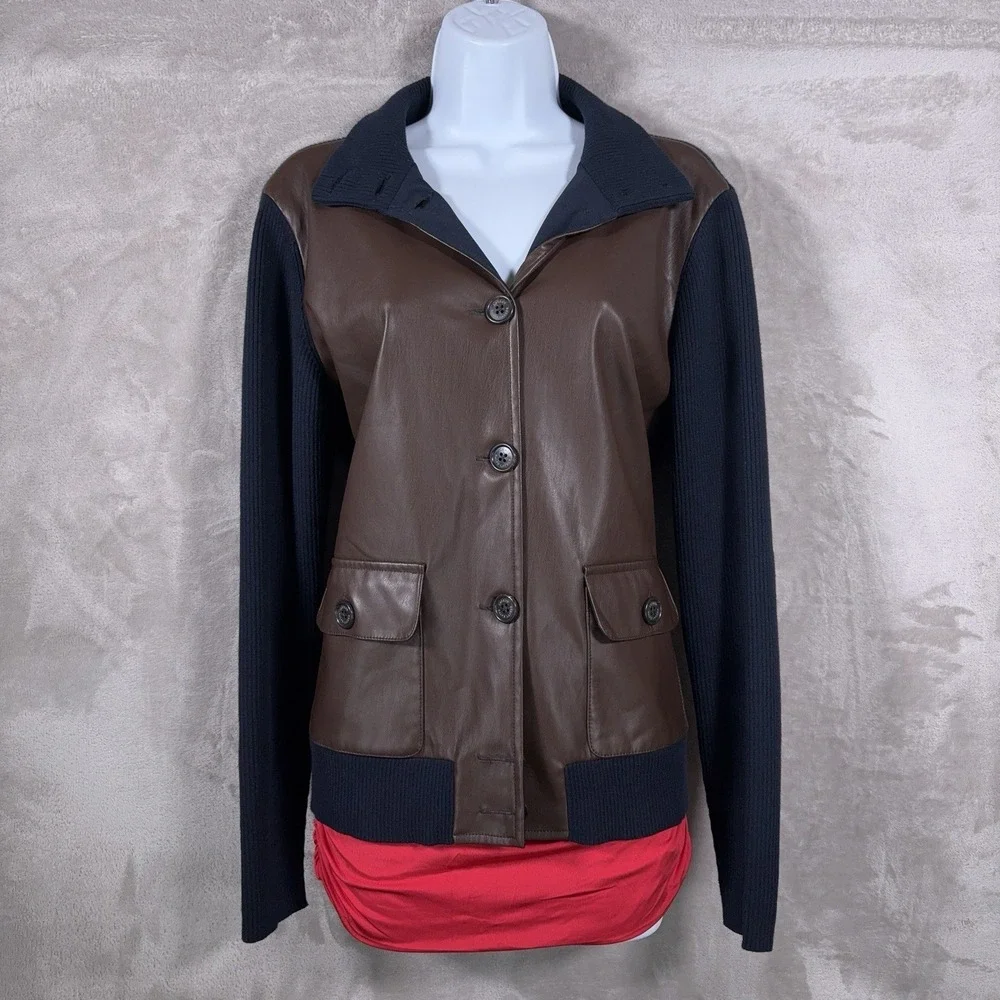 Lauren Ralph Lauren Faux Leather Cardigan Womens Large Blue Brown Sweater